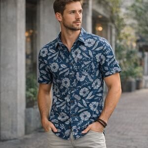 Merona Blue Floral Hawaiian Shirt Men’s Large Short Sleeve Button Up